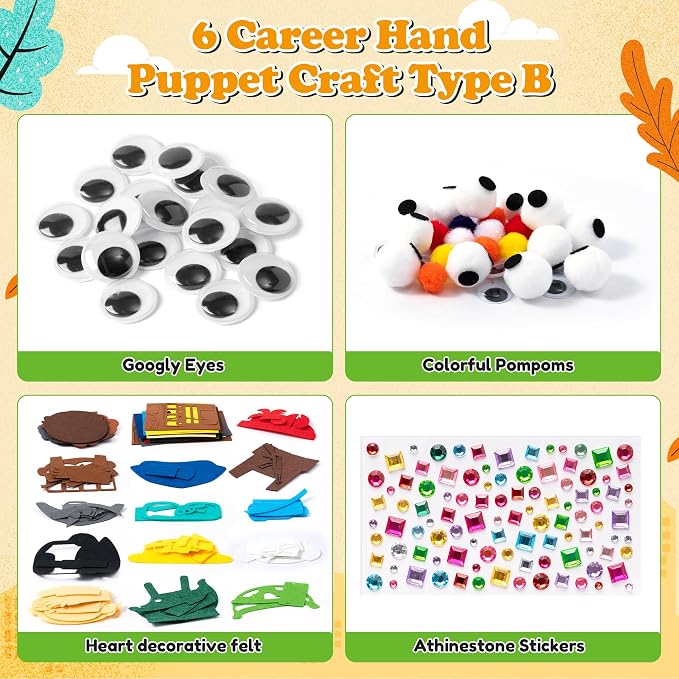 WATINC Hand Puppet Making Kit, Felt Sock Puppet Toys for Kids (Career B) | 6 Styles, Make Your Own Storytelling & Role Play Crafts, Creative Group Activity, Party Favors & Gifts for Kids Ages 4-8