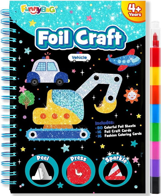 FUNNYB&G Foil Art Craft Kit for Kids, Sparkly Birthday Gift Toy for Boys | No Mess, Kids Ages 4-10 Create Sparkling Artwork, A Creative Gift for Birthdays, Holidays, Travel Activities,Screen-Free Fun