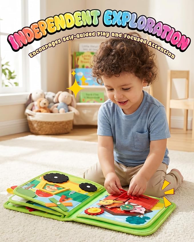 Montessori Busy Book for Toddlers, 8-Page Sensory Activity Book for Fine Motor Skills & Basic Dress Learning, Portable Travel Toy for Preschool Kids, Birthday Gift for Boys and Girls (Farm)