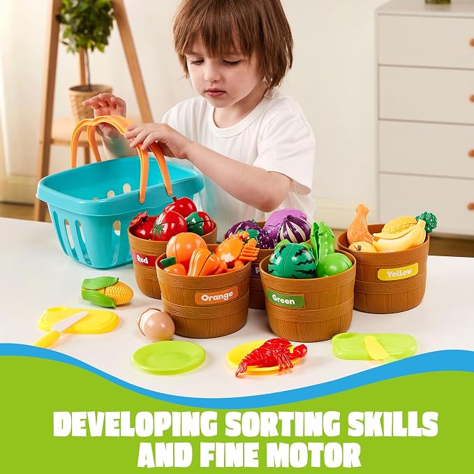 JOYIN Learning Toys Play Food Set for Kids, Cutting Food for Preschool Activities, Play Kitchen Accessories, Educational Toys, Color Sorting Set for Boys & Girls, Back to School Gifts for Kids