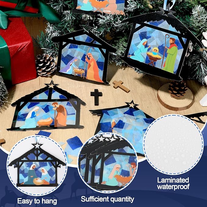 Qyeahkj 36 Set Christmas Nativity Suncatchers Crafts for DIY Nativity Scene Window Tissue Paper Craft Kit Hanging Decor for Xmas Holiday Home Activity Art Project Birthday Party Favor Gift