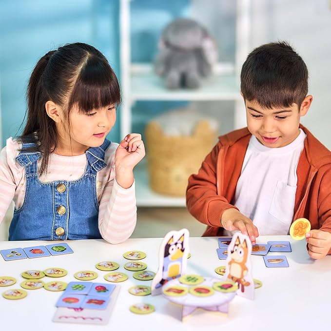 Bluey Fancy Restaurant Game, Join and Bingo as They Match Food Cards to Help Dad Prepare a Special Dinner for Mum, Serve up Fun While Building Memory and Matching Skills, Ages 3+, 2–4 Players | Based on the Fancy Restaurant episode, 2-4 players; family...