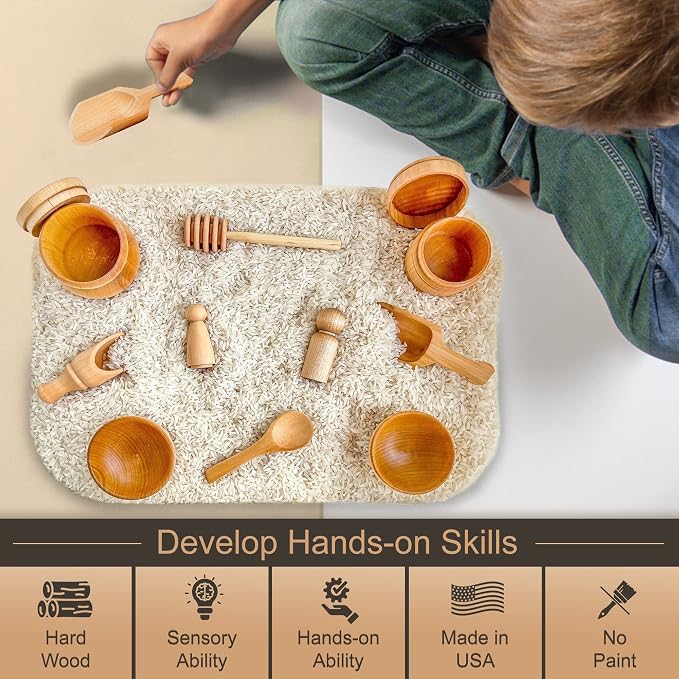 Child-Sized Wooden Tool Set for Sensory Bin, 10-Pieces | Montessori Sensory Toys for Developing Fine Motor Skills, Premium Birch or Maple Hardwood Wooden Toys, Bin Scoops and Tools