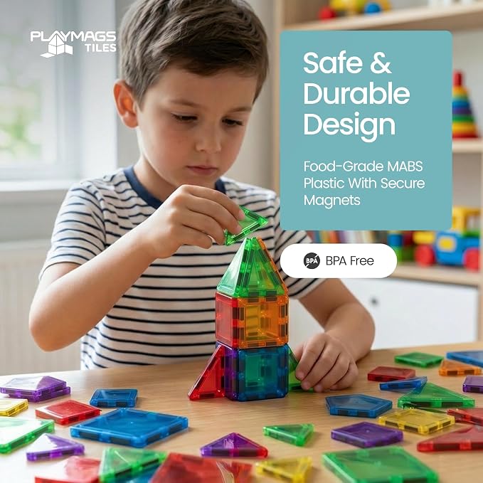 Playmags Mini Magnetic Tiles for Kids 100-Piece Set | Travel Magnetic Blocks | STEM Sensory Educational Toys | Portable Toddler Building Toys | Gift for Boys & Girls Ages 3