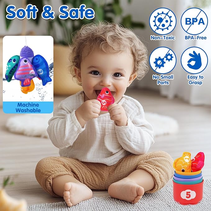 Montessori Toys for 1 Year Old: Cloth Fishing Game with Stacking Cups | Learning Educational Toys for 1+ Year Old Boy Girl First Birthday Gift - Number Counting, Color Sorting Toys for Toddlers 1-3