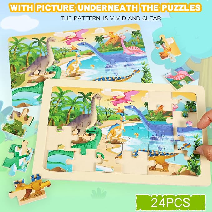 Wooden Puzzles for Kids Ages 4-6, 24 Piece Vehicle Car Construction Jigsaw Puzzles 4 Packs, Preschool Toddlers Learning Activity Puzzles Toys for Boys Girls 3 4 5 6 Years Old (Dinosaurs+Farm+Ocean)