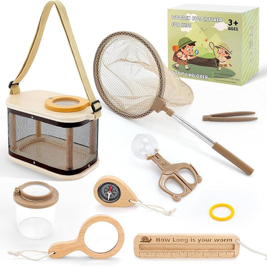 Wooden Bug Catcher Kit for Kids Ages 3-8, Outdoor Explorer Set | Bug Habitat • Magnifying Glass • Butterfly Net • Catch & Release • Nature Discovery