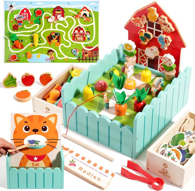 INIFEIDALA Montessori Farm Learning Game for Toddlers 3-5 | Wooden Activity Board,Challenge Cards,Fine Motor Skills,Sorting & Letter Matching,Screen-Free Educational Toy
