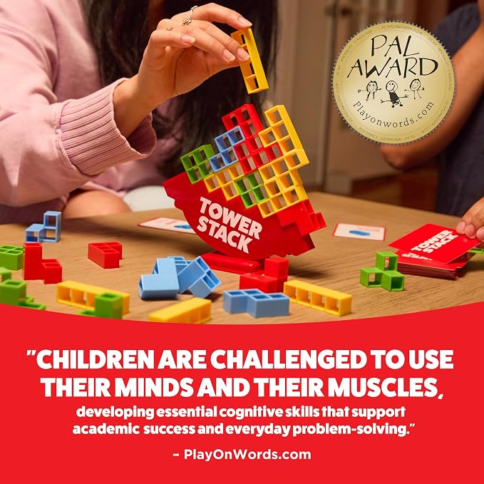 Tower Stack by Relatable - PAL Award 2025 Winner, Exciting Tower Game for Family Game Night, Building Toys for Kids - Includes 44 Cards, 32 Blocks, 1 Tower Body, Stand and Instructions