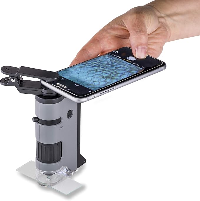 Carson MicroFlip 100x-250x LED and UV Lighted Pocket Microscope with Flip Down Slide Base and Adapter with CarsonCam Phone App - Bundle Included with 24 Prepared Insect and Animal Slides (MP-250BUN) | STEM Handheld Microscope Kit with Included Smartpho...