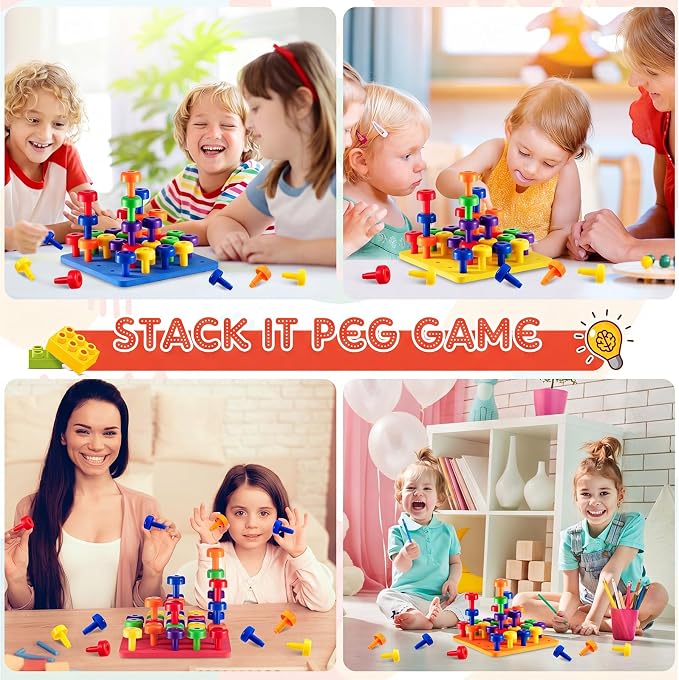 Toddler Peg Boards Montessori Stacking Toys,Red,Yellow,Blue,Orange | 120 Pcs Pegs with 4 Foam Boards & Storage Bag Kids Fine Motor Skills Educational Toy for Home Preschool