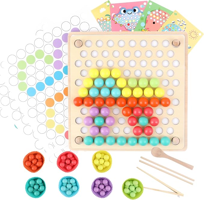 Wooden Peg Board Bead Game, Montessori Learning Toy, Color Sorting Stacking Matching, Fine Motor Math Counting, Multicolor Wood, 3-5 Years