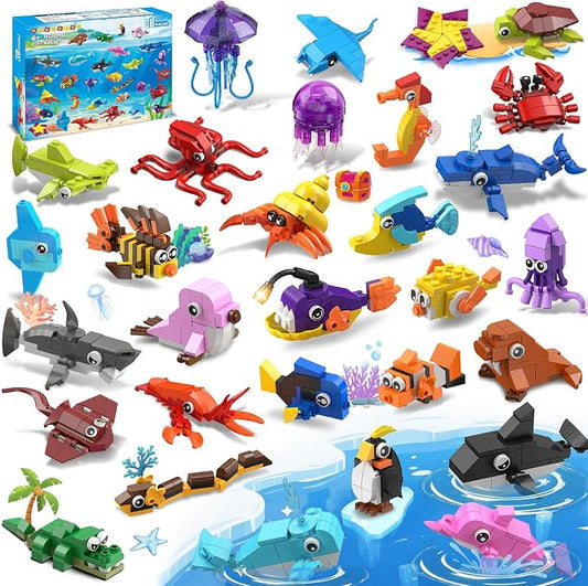30 Pack Marine Animals Party Favors For Kids Building Set for Boys Girls 6+ | 824PCS Building Blocks for Party Favors Goodie Bags Fillers Stocking Stuffers Classroom Prizes Toy Birthday Valentines Gifts