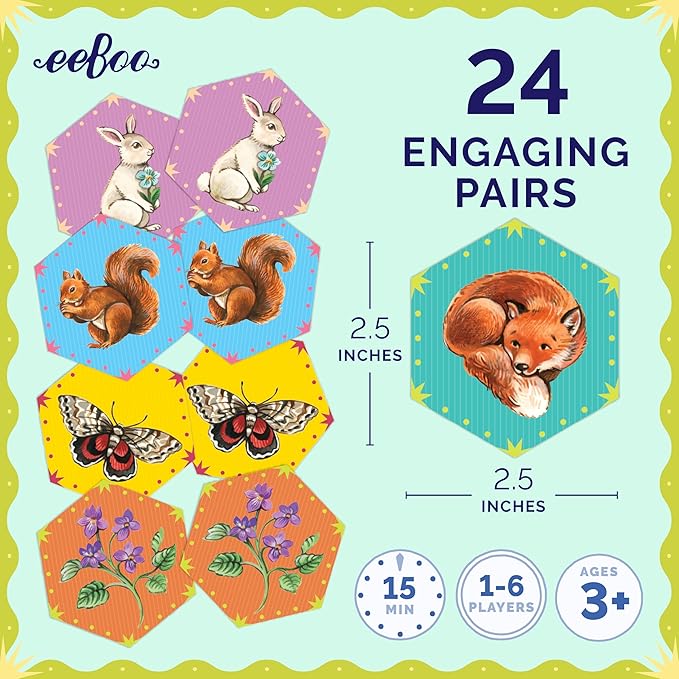 eeBoo Life in a Meadow Memory & Matching Game, Ages 3+, 1-4 Players | Introduces woodland flora & fauna. Sharpens recognition, concentration & memory skills. Includes 48 hexagonal tiles, 24 pairs