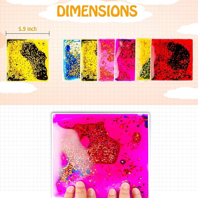 Onyoloy Sensory Soft Gel Liquid Toys: Water Sensory Fidget Toys Square Sensory Toys for Autistic Children 6-Pack | for Autism Kids, Stress Relief & Focus, Home School Therapy Travel Toys (6 Pack)