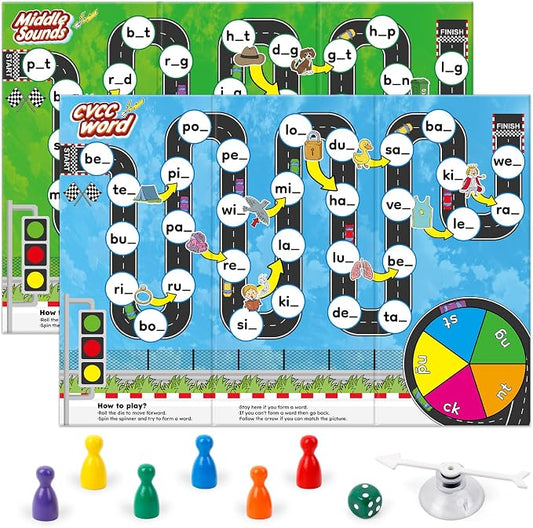 Broytain Phonics Board Games for Kids,Educational Learning CVC and CVCC Board Games for Boys and Girls,Reading and Spelling Word Games Ages 4 5 6,Classroom Travel Indoor Outdoor Family Games