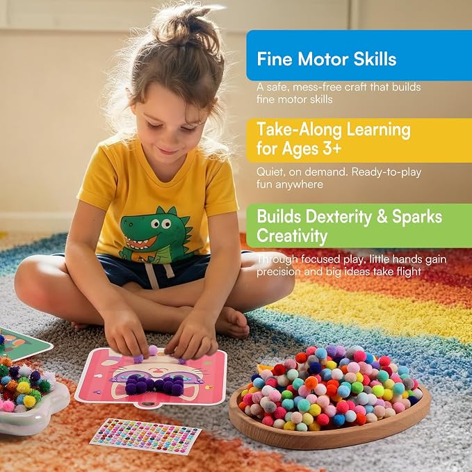 Caydo Pom Poms Art & Crafts Kit for Kids Ages 3 4 5 6 | Easy Toddler Sensory Activity Kit, Build Fine Motor Skills & Hand-Eye Coordination, Gift for Girls and Boys