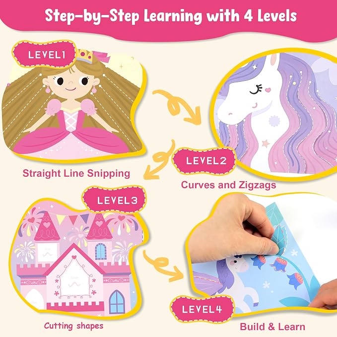 JoyCat Scissor Skills Activity Kit, Toddler Scissors Ages 3-5, Princess | Preschool workbook with 34 princess activities, scissors for kids and glue for creative toddler arts and crafts.
