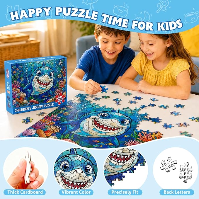 4-Pack 100 Piece Puzzles for Kids Ages 4-8 6-8 8-10, Shark Turtle Kids Puzzles Ages 4-6 5-8 8-10, Octopus Jellyfish Stained Glass Ocean Animal Puzzle 100 Pieces, Kids Jigsaw Puzzles Toys Gifts 15"x10"