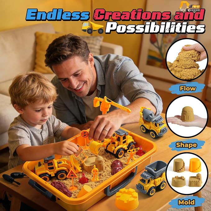 OENUX Construction Play Sand Kit with 4 Take Apart Trucks for Boys Age 3-8 | 2.2lbs Soft Play Sand, Sandbox with Lid, Sand Toys, Sensory Bin with 4 Sand Molds, Easy to Clean and Storage, Gift Idea