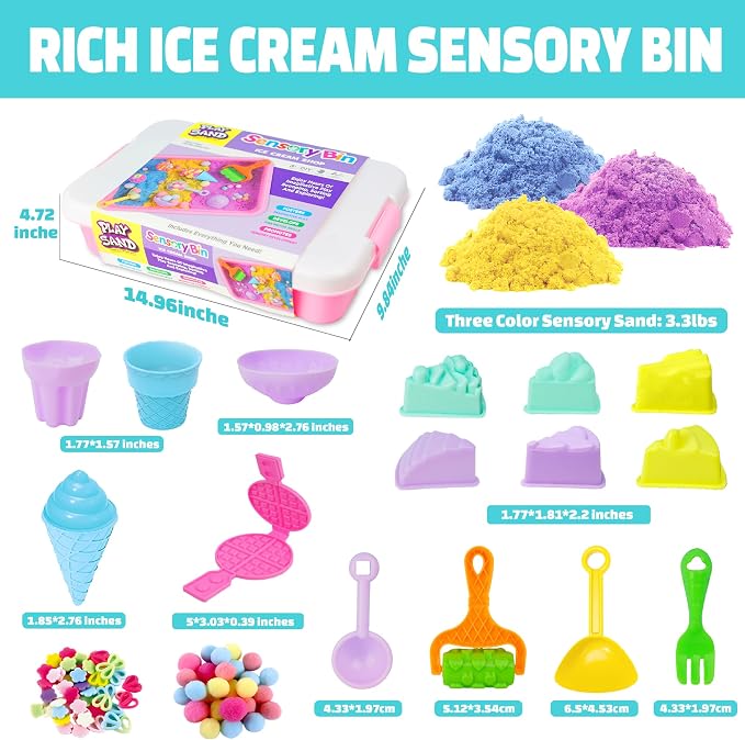 Sensory Bin - Baking & Ice Cream Making Set with 3.3lb Play Sand Kit, Waffle Cake Molds and Sand Tools, Ice Cream Toy Shop, Gifts for Girls & Boys | 3.3lb Play Sand, Waffle Cake Molds, Ice Cream Shop Playset, Creative Baking Toy, Fine Motor Skills, Gif...
