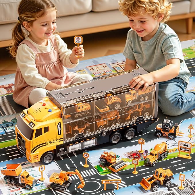 Carrier Truck Toddlers Toys for 3 4 5 6 7 Years Old Boys, Toy Truck Transport Car & Die-Cast Car and Play Mat, Construction Toys Birthday Gifts for Kids 3 4 5 6 7 8+ Years Old Boys Girls