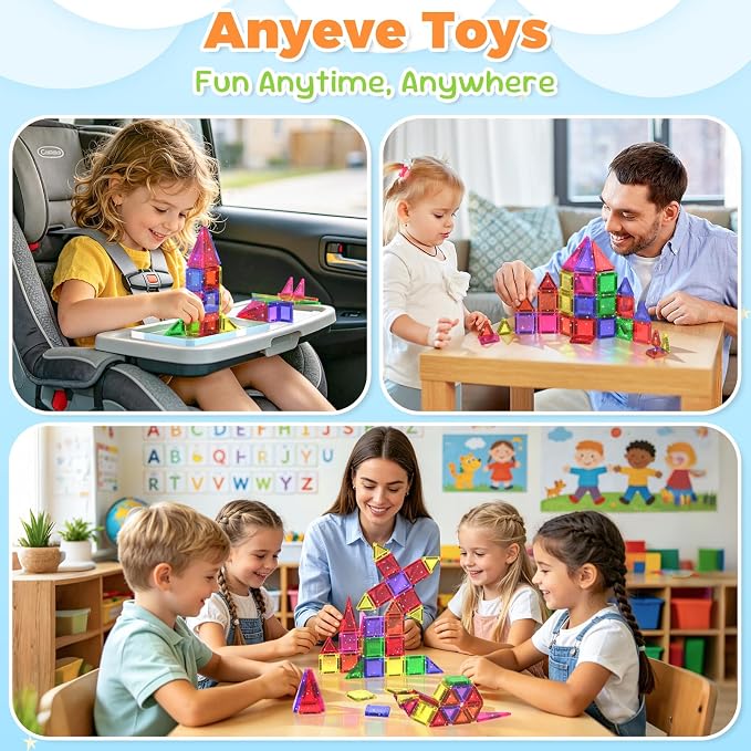 46PCS Glitter Mini Magnetic Tiles Travel Set with Storage Case | Portable Magnetic Blocks Building Toys for Toddlers Kids Ages 4-8, Classroom STEM Learning Toys for Boys Girls Birthday Gift