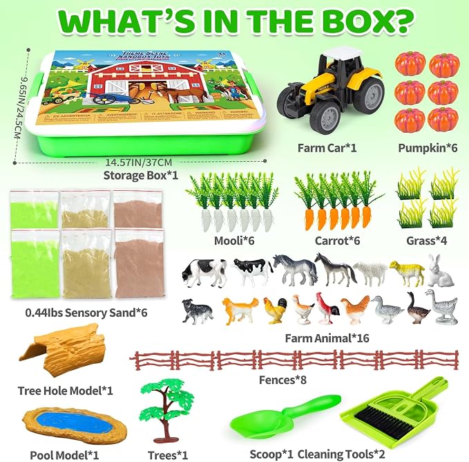 Sensory Bin, Sandbox Toys Play Sand Art Kit for Kids Toddlers 3 4 5 6 7 8 | Farm Sensory Toys with Sandbox & Farm Animals & Tractor Playset, Indoor Outdoor Beach Toys for Kids Christmas Birthday Gifts