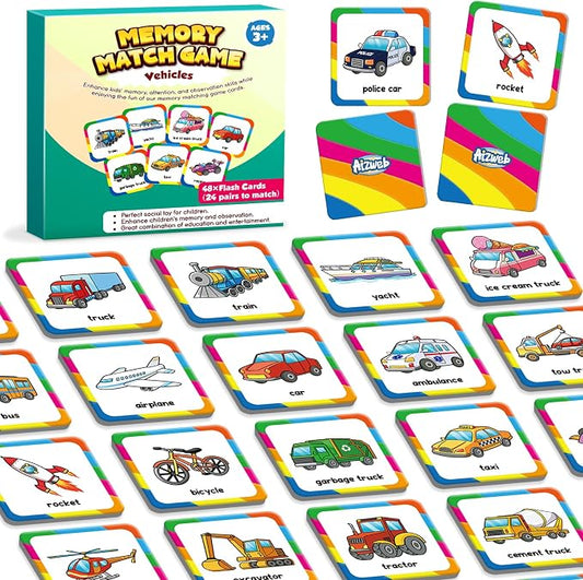 Aizweb Match Game,Memory Game, Vehicle 48 Pcs Toddler Card Games for Kids Ages 3 4 5 6,Flash Cards for Preschool Kindergarten Learning Activities,Educational Toys Homechool Supplies