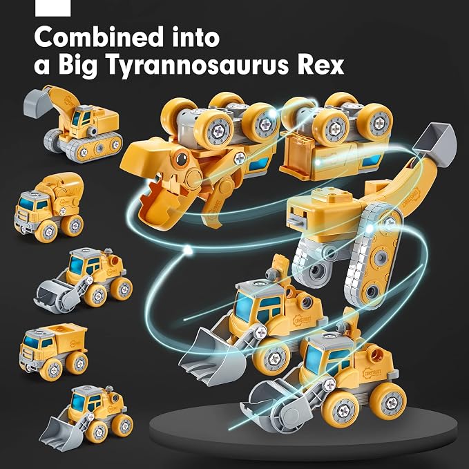 hahaland Toys for 5+ Year Old Boys - Take Apart Dinosaur Kids Toys Construction Vehicles 5 in 1 Transform into Dinosaur Robot STEM Building Toy for 5 6 7 8 Year Old Boys | 5 in 1 Transformer Toys Take Apart Dinosaur Kids Toys for 5+ Year Old Boys