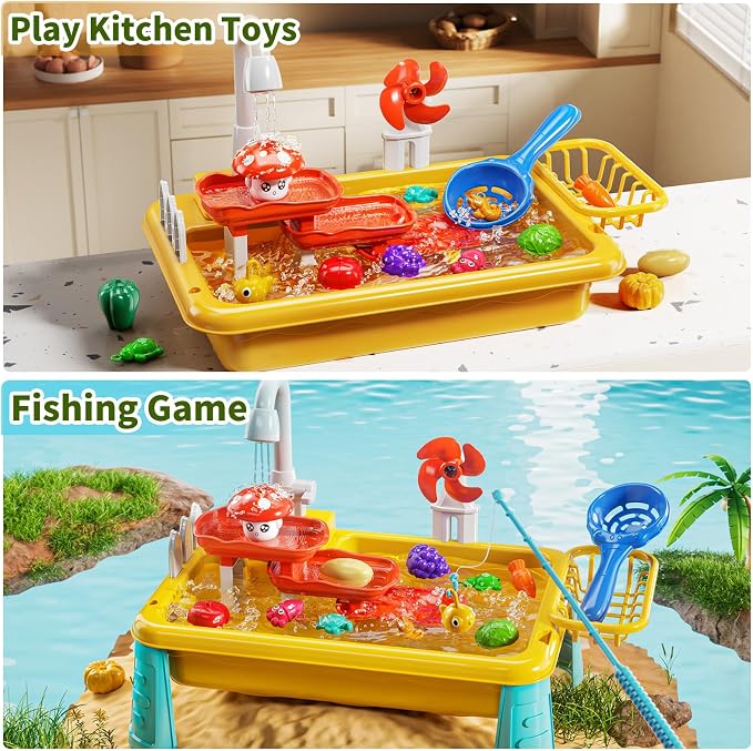 Kids Water Table Play Toy for Toddlers 4-8 Years Old | Kitchen Sink with Electrical Pump and Flowing Water, Fishing Games, Outside Sensory Gift Toys for Boys and Girls 3 4 5 6 7 8