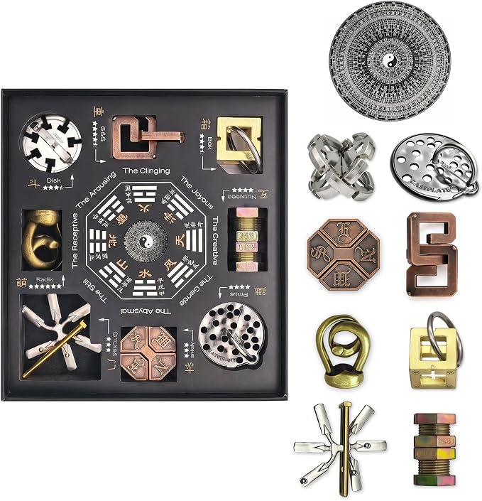 Bagua Metal Puzzles Set with Feng Shui Compass, 8+1 Alloy Brain Teasers, Traditional Chinese Intellectual Puzzle Toys for Adults, Stress Relief Fidget Desk Toy & Gift for Puzzle Lovers