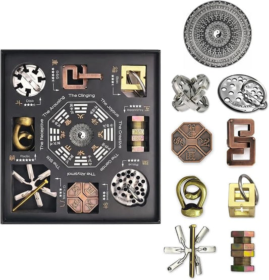 Bagua Metal Puzzles Set with Feng Shui Compass, 8+1 Alloy Brain Teasers, Traditional Chinese Intellectual Puzzle Toys for Adults, Stress Relief Fidget Desk Toy & Gift for Puzzle Lovers