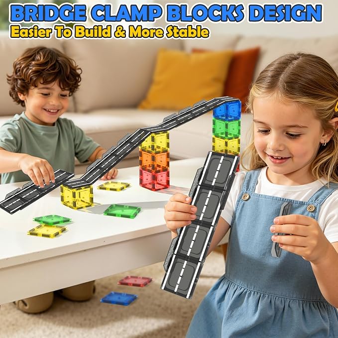 Magnetic Tiles Road with Bridge Clamp, STEM Magnetic Building Blocks for Kids, Educational Montessori Sensory Toys for Kids Ages 3-5 4-8 5-7, Gift for 3+ Year Old Boys Girls