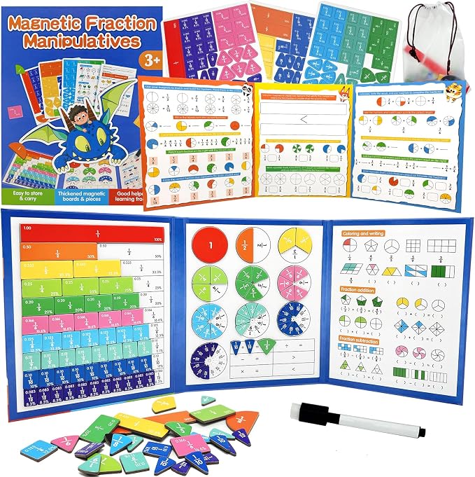 Magnetic Fraction Tiles & Circles Set with Dry Erase Board - Montessori Math Manipulatives Kit for Grade 1-5, Homeschool Classroom Fraction Puzzles and Games