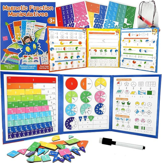Magnetic Fraction Tiles & Circles Set with Dry Erase Board - Montessori Math Manipulatives Kit for Grade 1-5, Homeschool Classroom Fraction Puzzles and Games