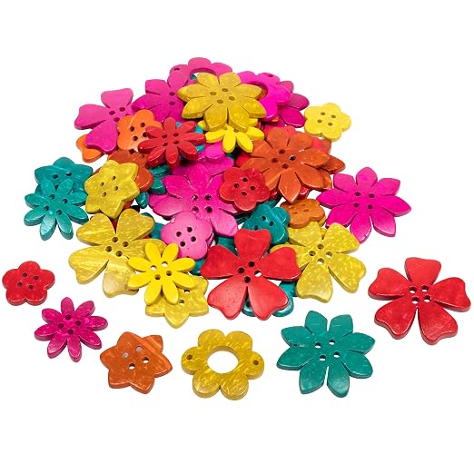 READY 2 LEARN Coconut Flowers, Set of 50, 6 Shapes, 5 Colors | Hand-Made, Natural Counters for Kids, Perfect for Crafts and Jewelry Making
