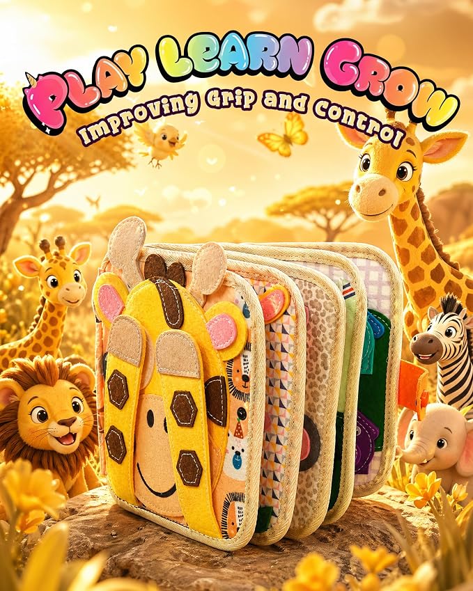 Montessori Busy Book for Toddlers, 8-Page Sensory Activity Book for Fine Motor Skills & Basic Dress Learning, Portable Travel Toy for Preschool Kids, Birthday Gift for Boys and Girls (Giraffe)