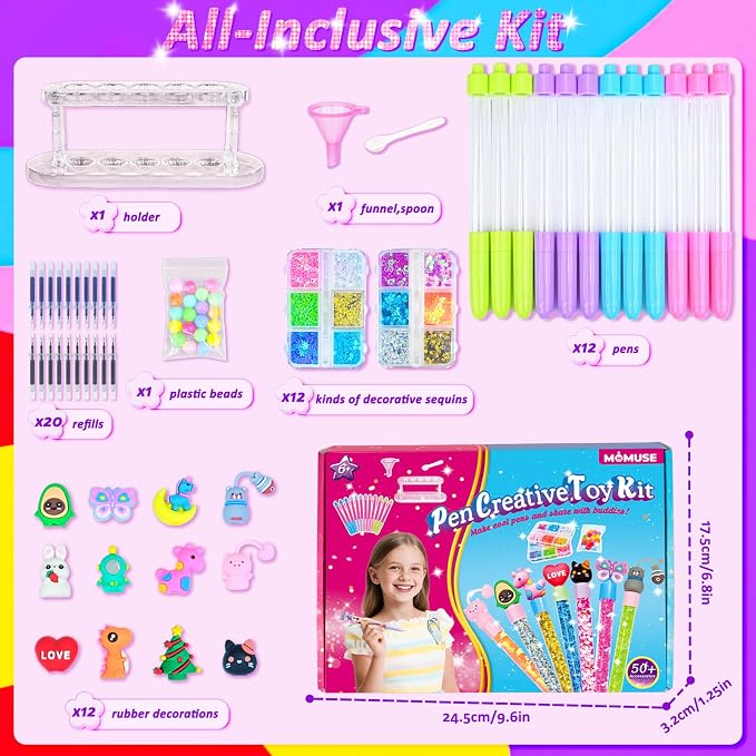 MOMUSE DIY Pen Making Kit for Kids Girls 6-12, Pen Creator Studio Craft Kit | 50 Accessories, Makes 12 Sparkly Pens with Sequins Beads, Mess-Free, Tween Girls Birthday Presents Gift
