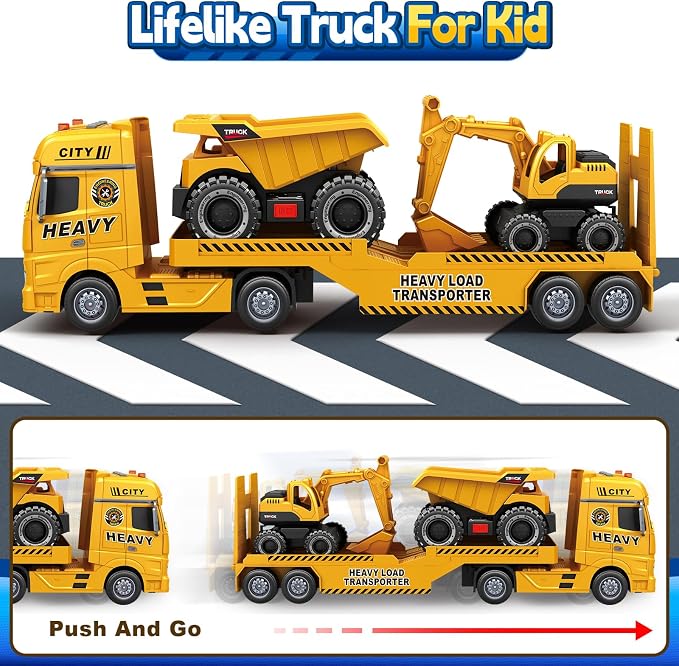 Bstoyder Toddler Boy Toys for 3 4 5 6 7 Years Kids, 25" Semi Construction Carrier Truck Toy with Excavator and Dump Truck, Friction Powered Toys with Lights and Sounds, Birthday for Boy Girls