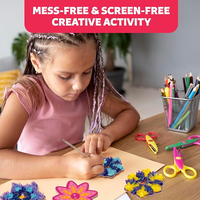 Poke-In Craft Flower Crowns, Poke Art for Kids Ages 4-8, Punch Tufting Kit | 15 foam flowers, 1000+ 3d fabric squares, non-messy beginner kit for girls, preschool learning activity, spring easter gift