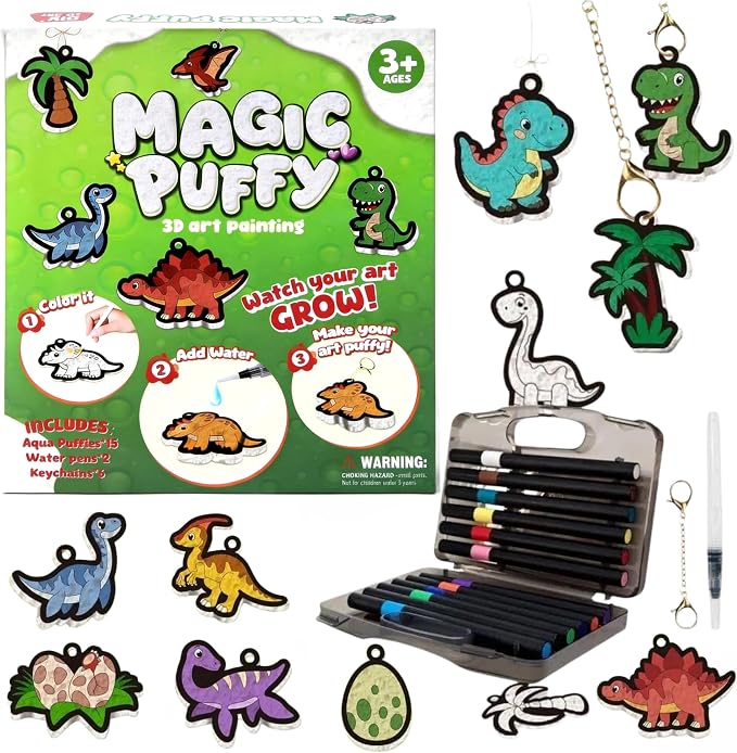 Richgv Magic Aqua Puffs, 3D Art Kit, Dinosaur, Mess-Free Paint by Number Craft for Kids, DIY Color & Inflate Activity, Travel & Creative Gift for Girls & Boys Ages 4, 5, 6, 7, 8, 9, 10