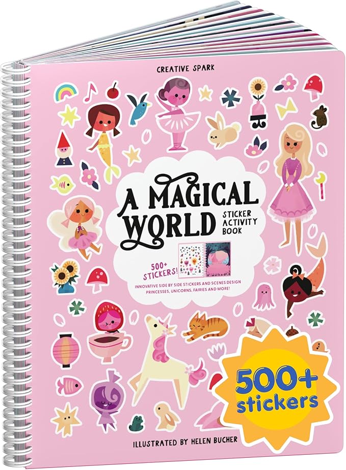 Cupkin A Magical World Coloring & Sticker Activity Book | 500+ Stickers | Spiral-bound kids craft format with 12 scenes, 12 art pages, side-by-side viewing, and an easy-peel design for ages 2–8