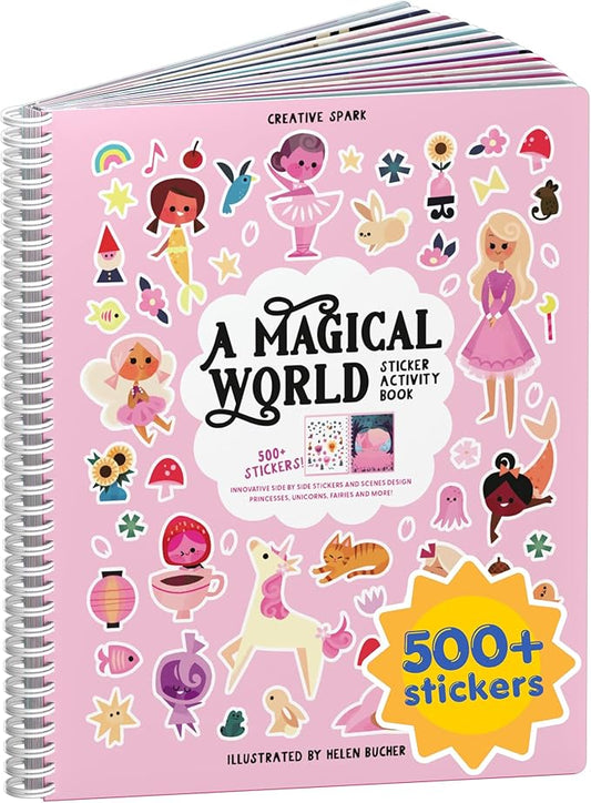 Cupkin A Magical World Coloring & Sticker Activity Book | 500+ Stickers | Spiral-bound kids craft format with 12 scenes, 12 art pages, side-by-side viewing, and an easy-peel design for ages 2–8