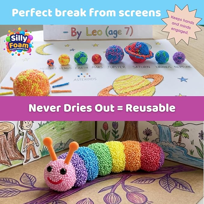 Silly Foam, Creative Modeling Foam Beads, 2-Pack of 6 Primary Colors, Easy Clean Up, Perfect for Preschool and Kids, Arts & Crafts, Sensory Play, STEM, Travel Toy, Holiday Gifts, Non-Toxic (Age 3+)