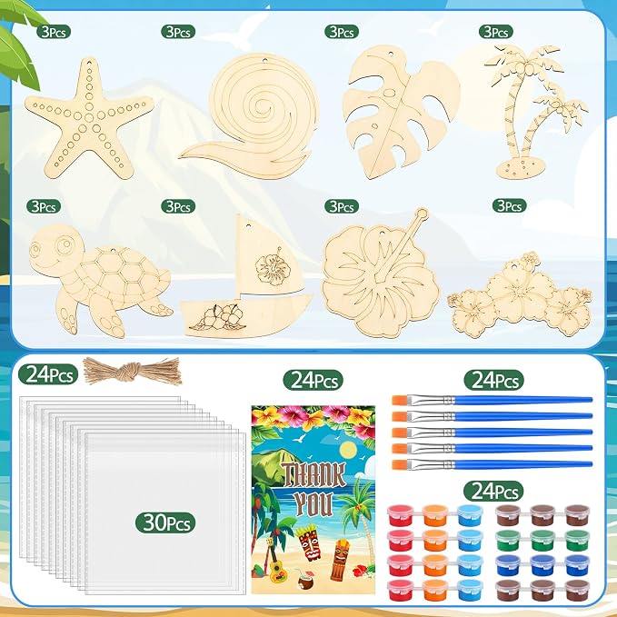 Saypacck 24 Pcs Hawaiian Party Favors Wooden Paint Craft Kits | Summer Tropical Party, Wooden DIY Painting Activity Sets with Organza Bags, Goodie Bag Fillers for Kids Guests