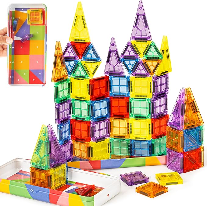 cossy Mini Magnetic Tiles, 80 PCS Magnet Tiles Travel Toys with Iron Box, Travel Magnetic Tiles for Restaurant, Car & Plane Play, Toys for 3 4 5 6 7 8 Year Old Boy and Girl