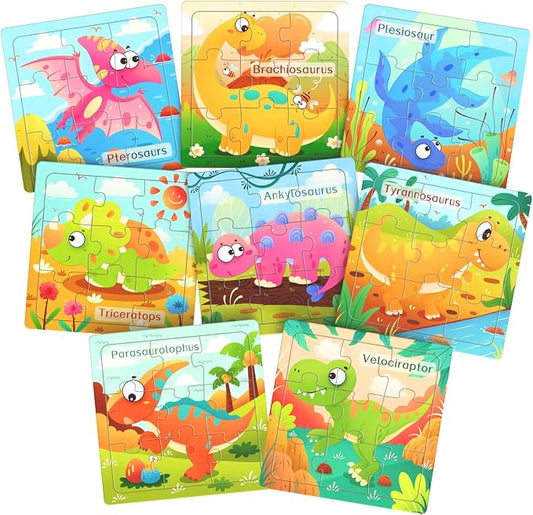 Zeoddler Wooden Puzzles for Toddlers, 8 Pack Dinosaur Jigsaw Puzzles for Kids3-5, 9 Pieces Preschool Learning Activities, Learning & Educational Puzzles, Gift for Boys, Girls