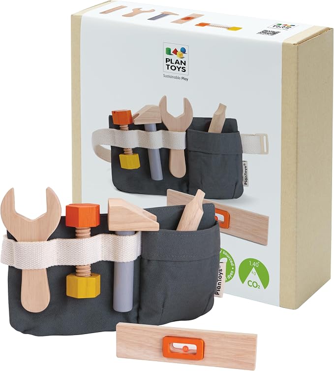 PlanToys® Wooden Tool Set for Toddlers | Includes Hammer, Wrench, Screwdriver, Ruler & Bolt | Pretend Construction Play Set | Eco-Friendly Montessori Educational Toy for Hands-On Learning | ruler, kids tool sets for boys age 2-4, montessori toys, girls...