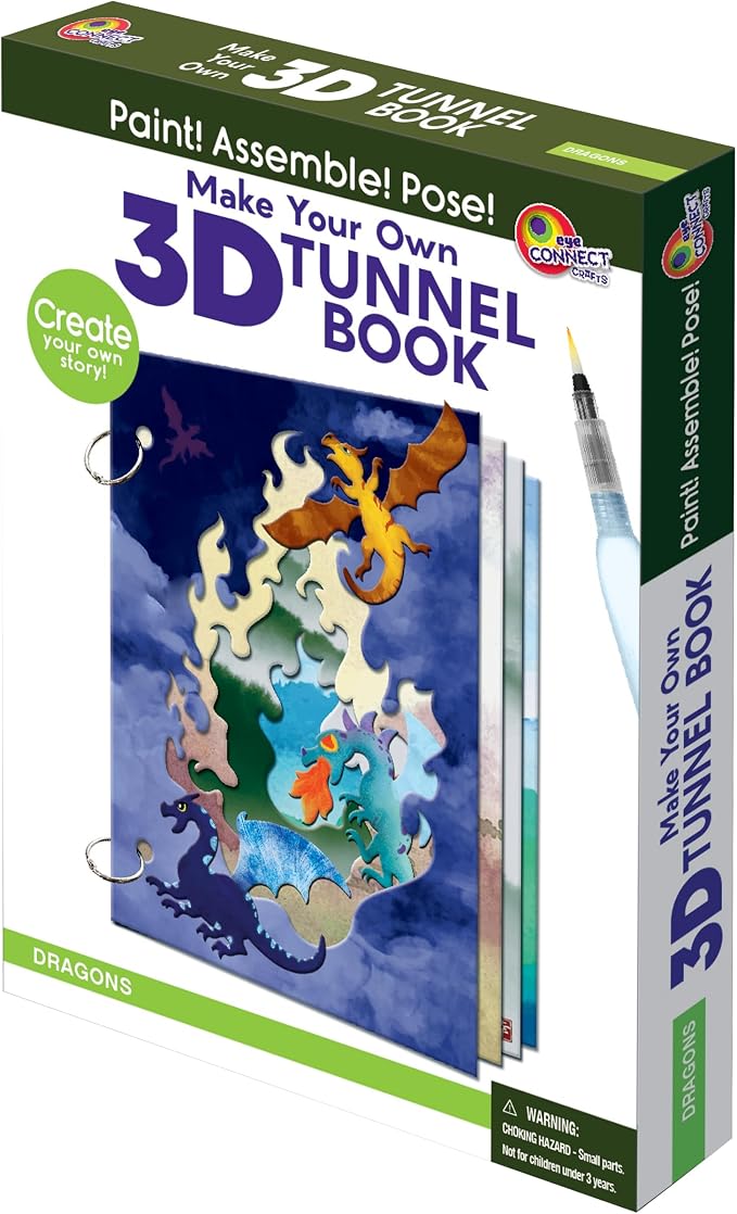 EyeConnect Crafts Dragons Mini 3D Tunnel Book – Hands-on Paper Craft Kit | Build, color & create a pop-in book! Mini animals, watercolor pastels & water brush included. Portable, screen-free fun! 3+